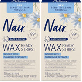 Nair Sensitive Hair Remover Wax Ready Strips, Face and Bikini Hair Removal Wax Strips, 40 Count (Pack of 2)