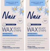 Nair Sensitive Hair Remover Mess-Free Wax Ready Strips,Legs and Body Easy Hair Removal Wax Strips for Sensitive Skin,Chamomile Extract,Dermatologist Tested,Plus 6 Post Wipes,40 Count (Pack of 2)