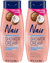 Nair Sensitive Shower Cream Hair Remover with Natural Coconut Oil and Vitamin E, Body Hair Removal Cream, 12 oz (Pack of 2)