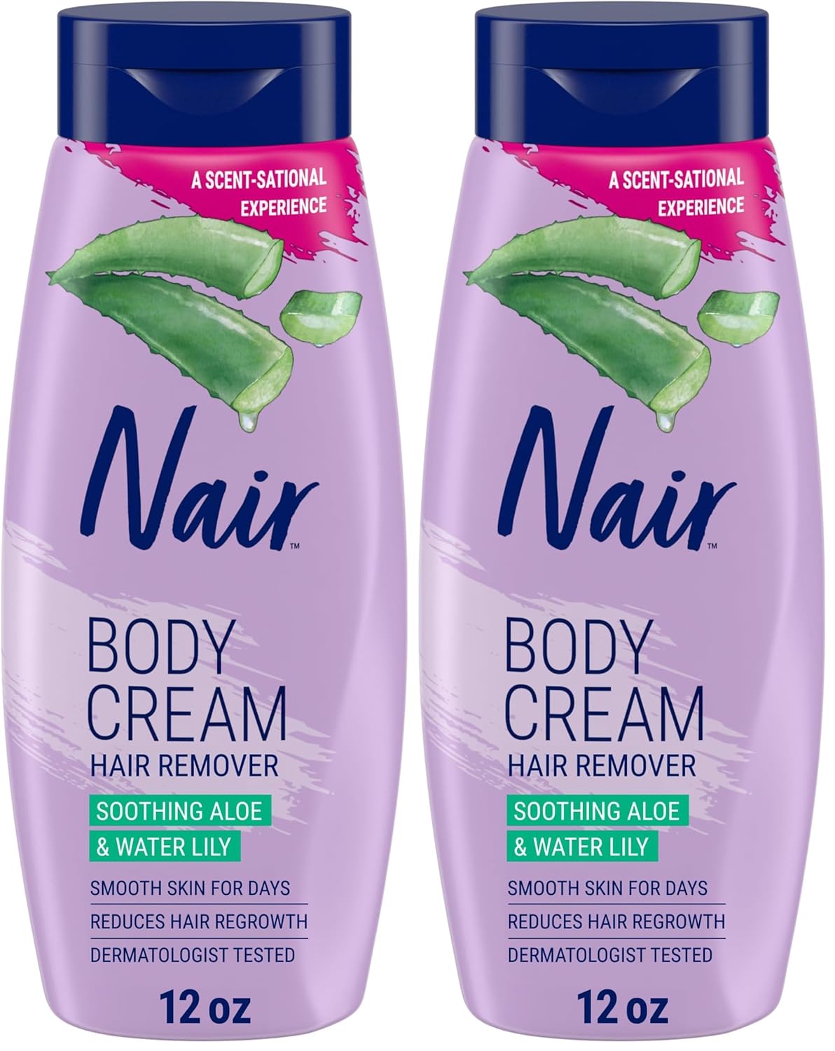 Nair Body Cream Hair Remover, Soothing Aloe and Water Lily, Dermatologist Tested Body Hair Removal Cream, with Evolved Ingredients, 12 Oz (Pack of 2)