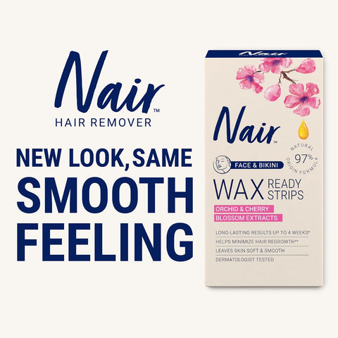 Nair Hair Remover Wax Ready Strips,Face and Bikini Hair Removal Wax Strips,Orchid and Cherry Blossom Extracts,Dermatologist Tested,Plus 4 Non-Flushable Post Wipes,40 Count (Pack of 12)