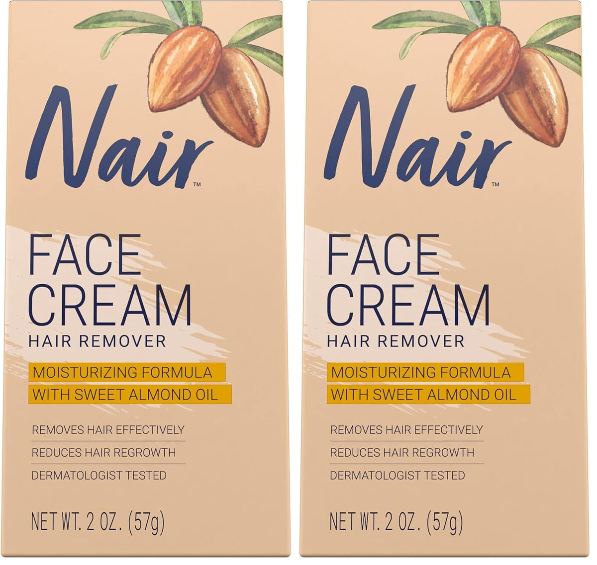 Nair Hair Remover Moisturizing Face Cream, with Sweet Almond Oil, 2OZ (Pack of 2)