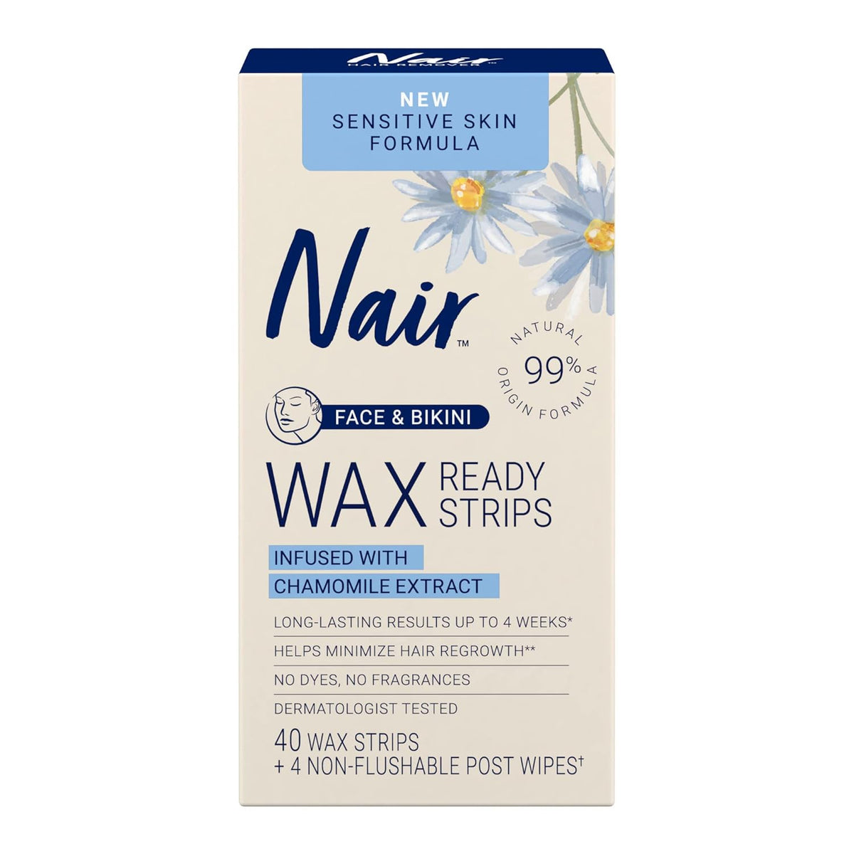 Nair Sensitive Hair Remover Wax Ready Strips, Face and Bikini Hair Removal Wax Strips, 40 Count