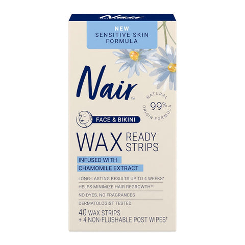 Nair Sensitive Hair Remover Wax Ready Strips, Face and Bikini Hair Removal Wax Strips, 40 Count