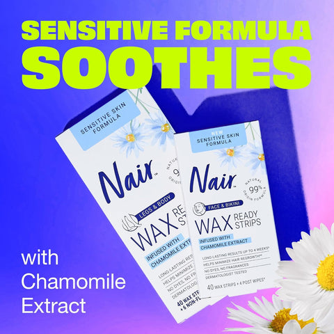 Nair Sensitive Hair Remover Mess-Free Wax Ready Strips,Legs and Body Easy Hair Removal Wax Strips for Sensitive Skin,Chamomile Extract,Dermatologist Tested,Plus 6 Post Wipes,40 Count (Pack of 2)