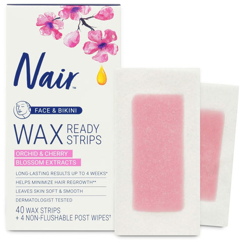 Nair Hair Remover Wax Ready Strips,Face and Bikini Hair Removal Wax Strips,Orchid and Cherry Blossom Extracts,Dermatologist Tested,Plus 4 Non-Flushable Post Wipes,40 Count (Pack of 12)