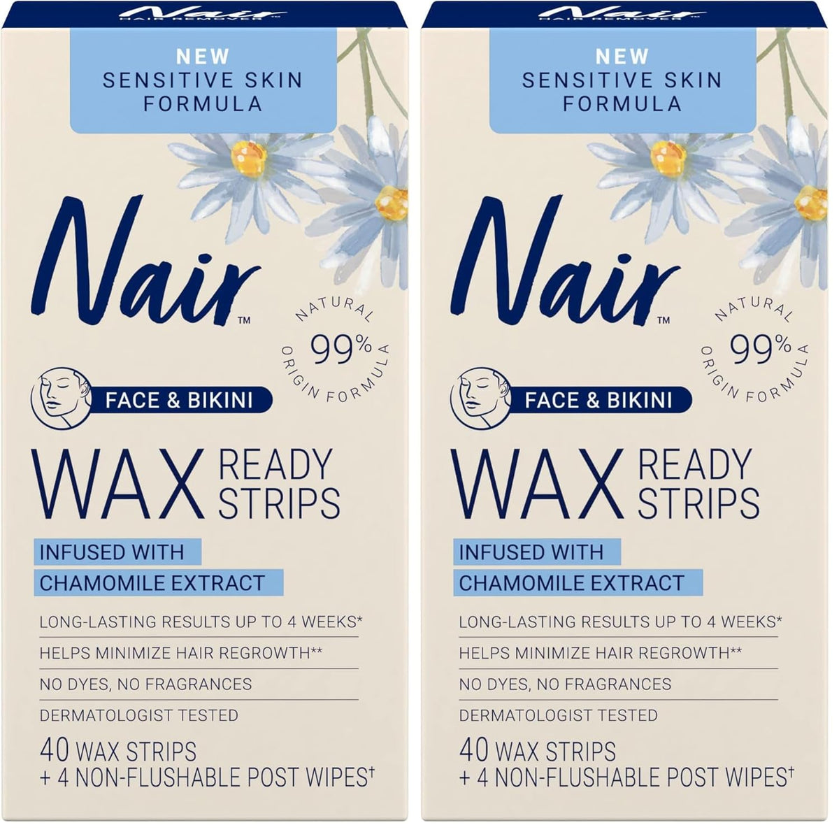 Nair Sensitive Hair Remover Wax Ready Strips, Face and Bikini Hair Removal Wax Strips, 40 Count (Pack of 2)