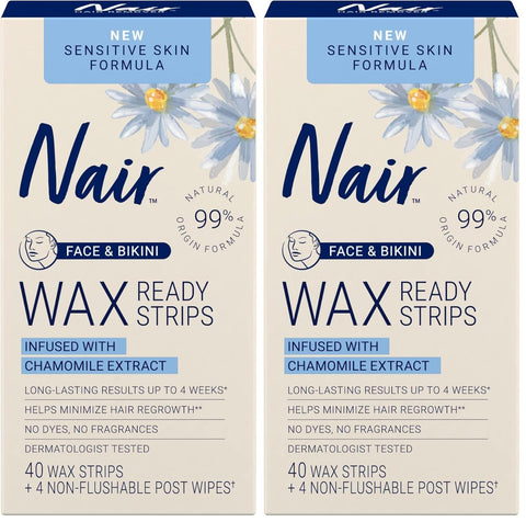 Nair Sensitive Hair Remover Wax Ready Strips, Face and Bikini Hair Removal Wax Strips, 40 Count (Pack of 2)
