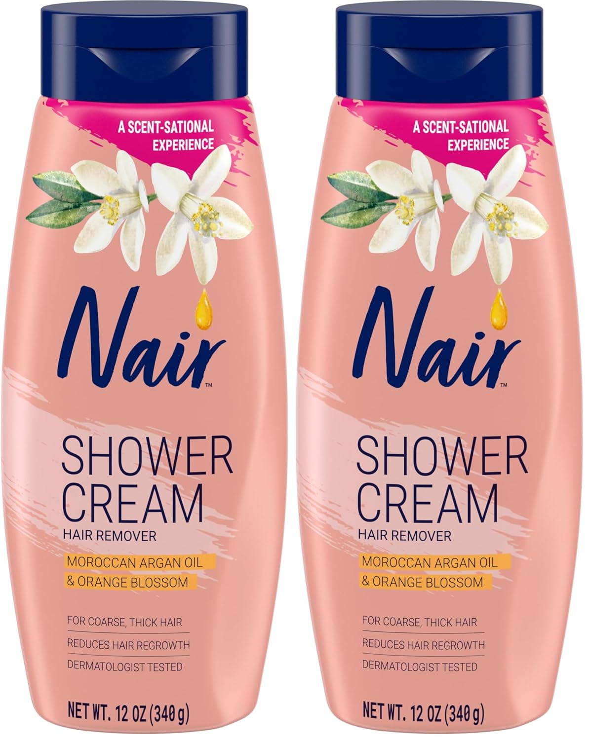 Nair Shower Cream Hair Remover with Moroccan Argan Oil and Orange Blossom, Body Hair Removal Cream for Women, 12 oz (Pack of 2)
