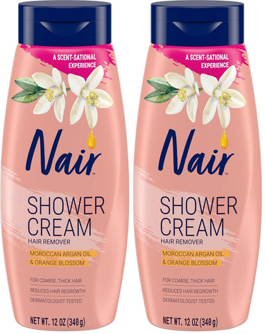 Nair Shower Cream Hair Remover with Moroccan Argan Oil and Orange Blossom, Body Hair Removal Cream for Women, 12 oz (Pack of 2)