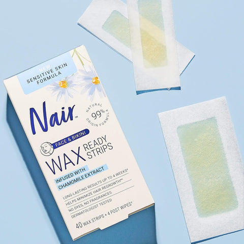 Nair Sensitive Hair Remover Wax Ready Strips, Face and Bikini Hair Removal Wax Strips, 40 Count (Pack of 2)
