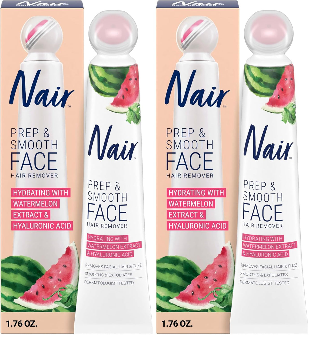 NAIR Prep & Smooth Face Exfoliating Depilatory Cream for Women - Effective Hair Removal for Smooth Skin with Hyaluronic Acid,1.76 oz,(Pack of 2)