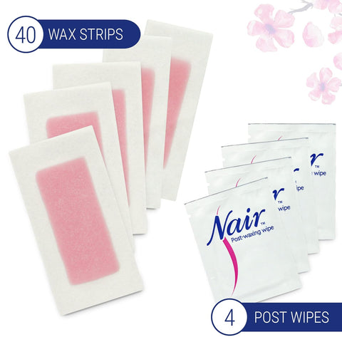 Nair Hair Remover Wax Ready Strips,Face and Bikini Hair Removal Wax Strips,Orchid and Cherry Blossom Extracts,Dermatologist Tested,Plus 4 Non-Flushable Post Wipes,40 Count (Pack of 12)