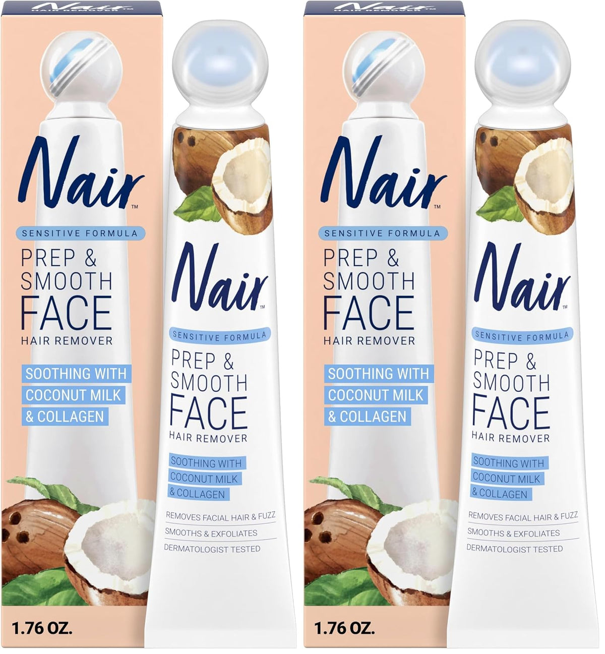 NAIR Exfoliating Facial Hair Removal Cream for Women - Smooth Skin Solution with Collagen for Sensitive Skincare, (Pack of 2)