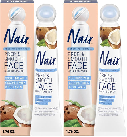 NAIR Exfoliating Facial Hair Removal Cream for Women - Smooth Skin Solution with Collagen for Sensitive Skincare, (Pack of 2)