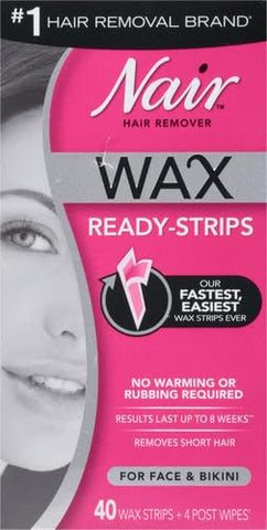 Nair Hair Remover Wax Ready Strips, Face and Bikini Hair Removal Wax Strips, Orchid and Cherry Blossom Extracts, Dermatologist Tested, Plus 4 Non-Flushable Post Wipes, 40 Count (Pack of 2)