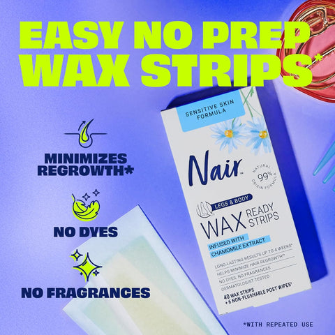 Nair Sensitive Hair Remover Mess-Free Wax Ready Strips, Legs and Body Easy Hair Removal Wax Strips for Sensitive Skin, Chamomile Extract, Dermatologist Tested, Plus 6 Post Wipes, 40 Count