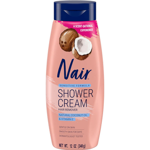 Nair Sensitive Formula Shower Cream, Quick and Easy Hair Removal Cream with Coconut Oil and Vitamin E for Body, 12 oz