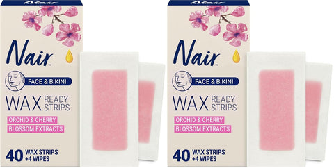 Nair Hair Remover Wax Ready Strips, Face and Bikini Hair Removal Wax Strips, Orchid and Cherry Blossom Extracts, Dermatologist Tested, Plus 4 Non-Flushable Post Wipes, 40 Count (Pack of 2)