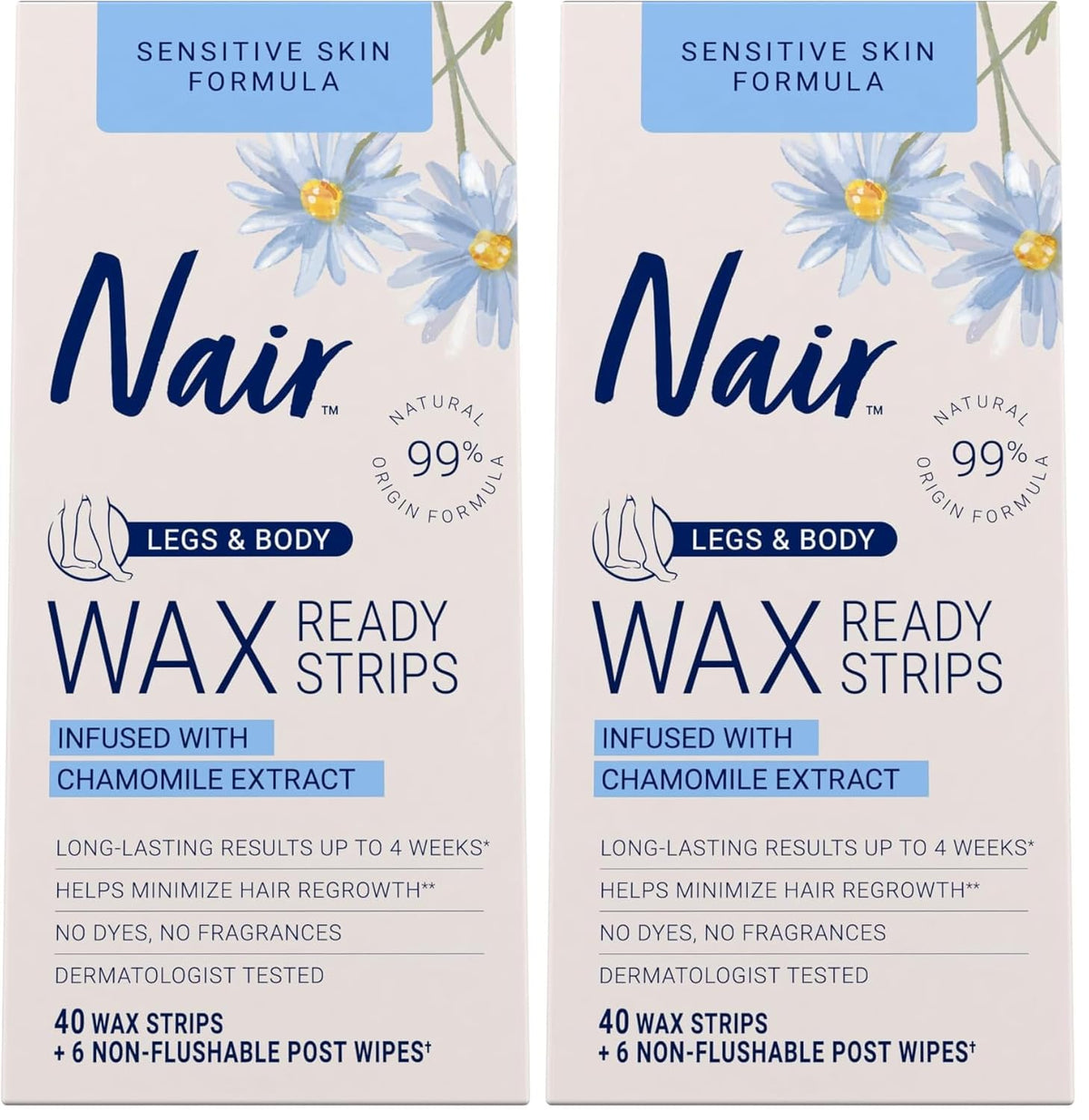 Nair Sensitive Hair Remover Mess-Free Wax Ready Strips,Legs and Body Easy Hair Removal Wax Strips for Sensitive Skin,Chamomile Extract,Dermatologist Tested,Plus 6 Post Wipes,40 Count (Pack of 2)