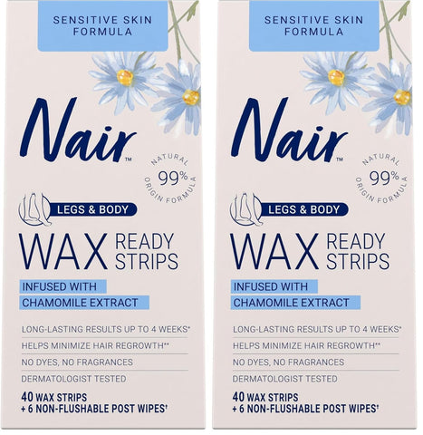 Nair Sensitive Hair Remover Mess-Free Wax Ready Strips,Legs and Body Easy Hair Removal Wax Strips for Sensitive Skin,Chamomile Extract,Dermatologist Tested,Plus 6 Post Wipes,40 Count (Pack of 2)
