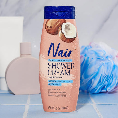 Nair Sensitive Shower Cream Hair Remover with Natural Coconut Oil and Vitamin E, Body Hair Removal Cream, 12 oz (Pack of 2)