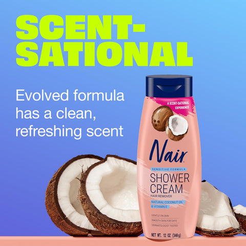 Nair Sensitive Formula Shower Cream, Quick and Easy Hair Removal Cream with Coconut Oil and Vitamin E for Body, 12 oz