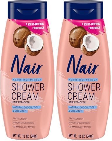 Nair Sensitive Shower Cream Hair Remover with Natural Coconut Oil and Vitamin E, Body Hair Removal Cream, 12 oz (Pack of 2)