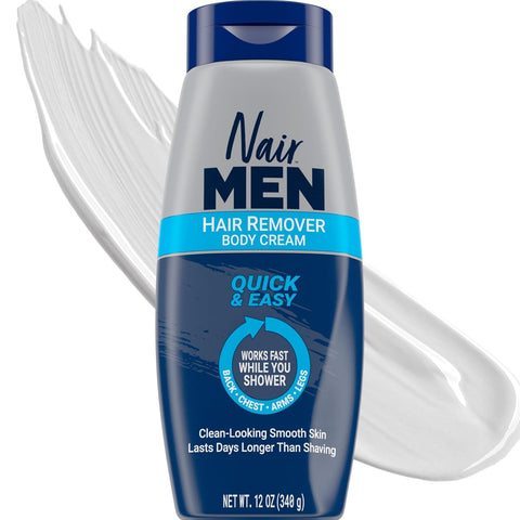 Nair Men Hair Remover Body Cream, Quick and Easy Body Hair Removal Cream for Men, Aloe and Lanolin, Dermatologist Tested, 12 Oz